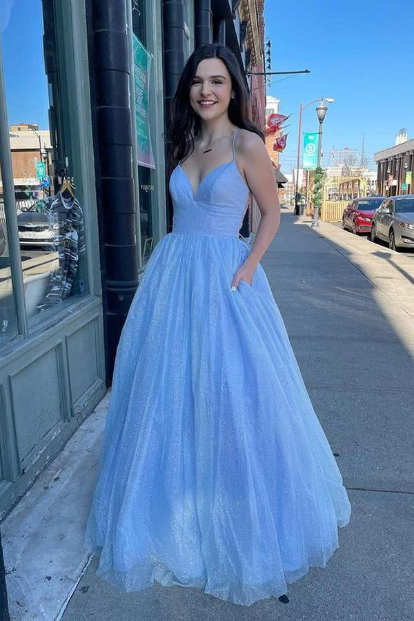 Shiny A-line Spaghetti Straps Lace Up Tulle Prom Dress,WP218