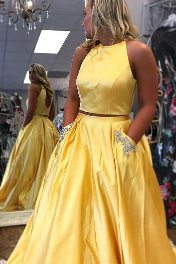Two Piece Halter Satin Long Prom Dress With Beading Pocket,WP258
