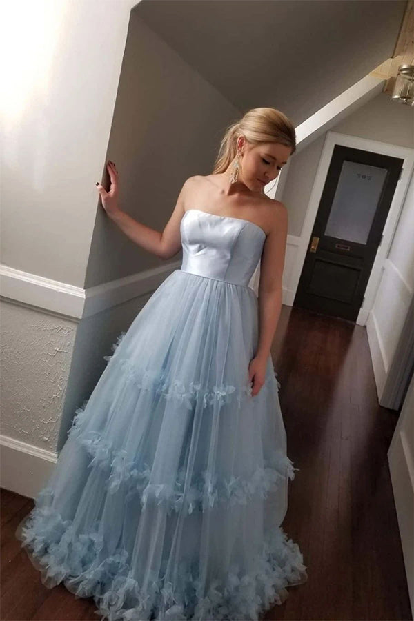 A Line Tulle Prom Dress Strapless Evening Dress,WP153
