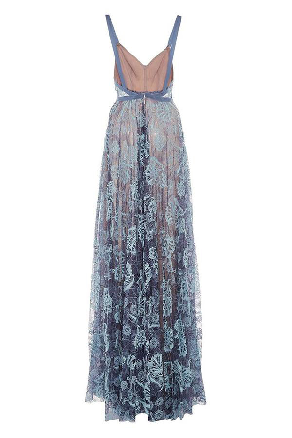 A Line V Neck Blue Lace Long Prom Dress Elegant Graduation Dress,WP254