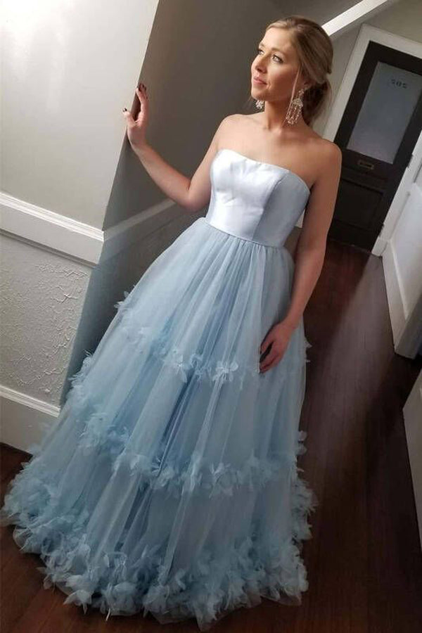 A Line Tulle Prom Dress Strapless Evening Dress,WP153