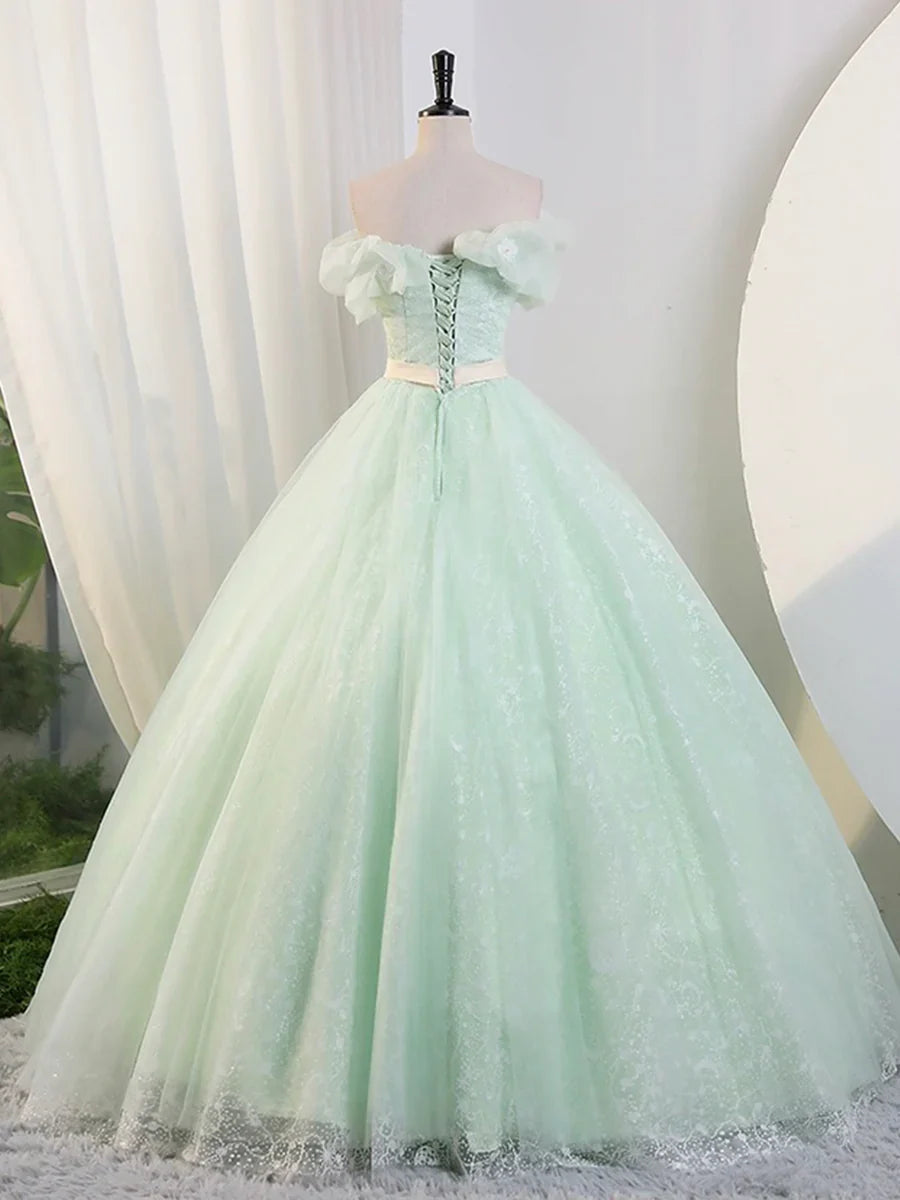 Hermosos vestidos de fiesta de tul verde salvia hasta el suelo, corte A, hombros descubiertos, vestidos de noche TP182
