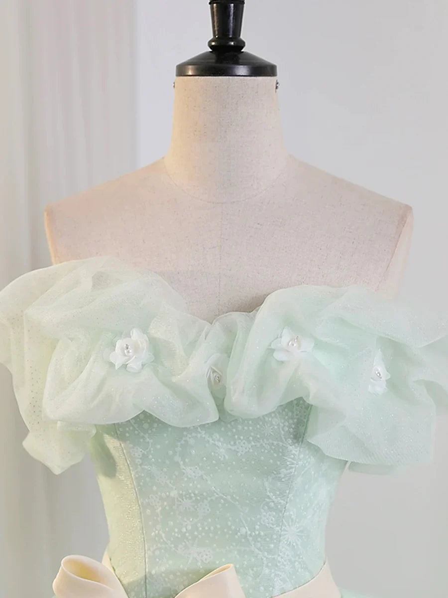 Hermosos vestidos de fiesta de tul verde salvia hasta el suelo, corte A, hombros descubiertos, vestidos de noche TP182