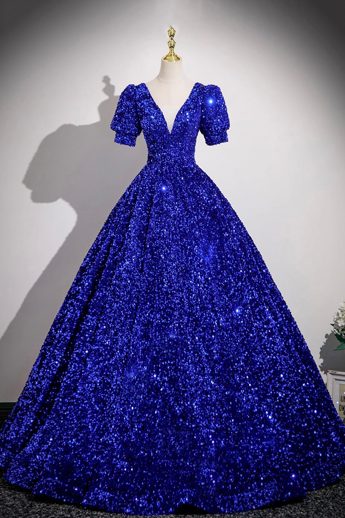 Blue V-Neck Sequins Long Prom Dress, Blue A-Line Short Sleeve Party Dress