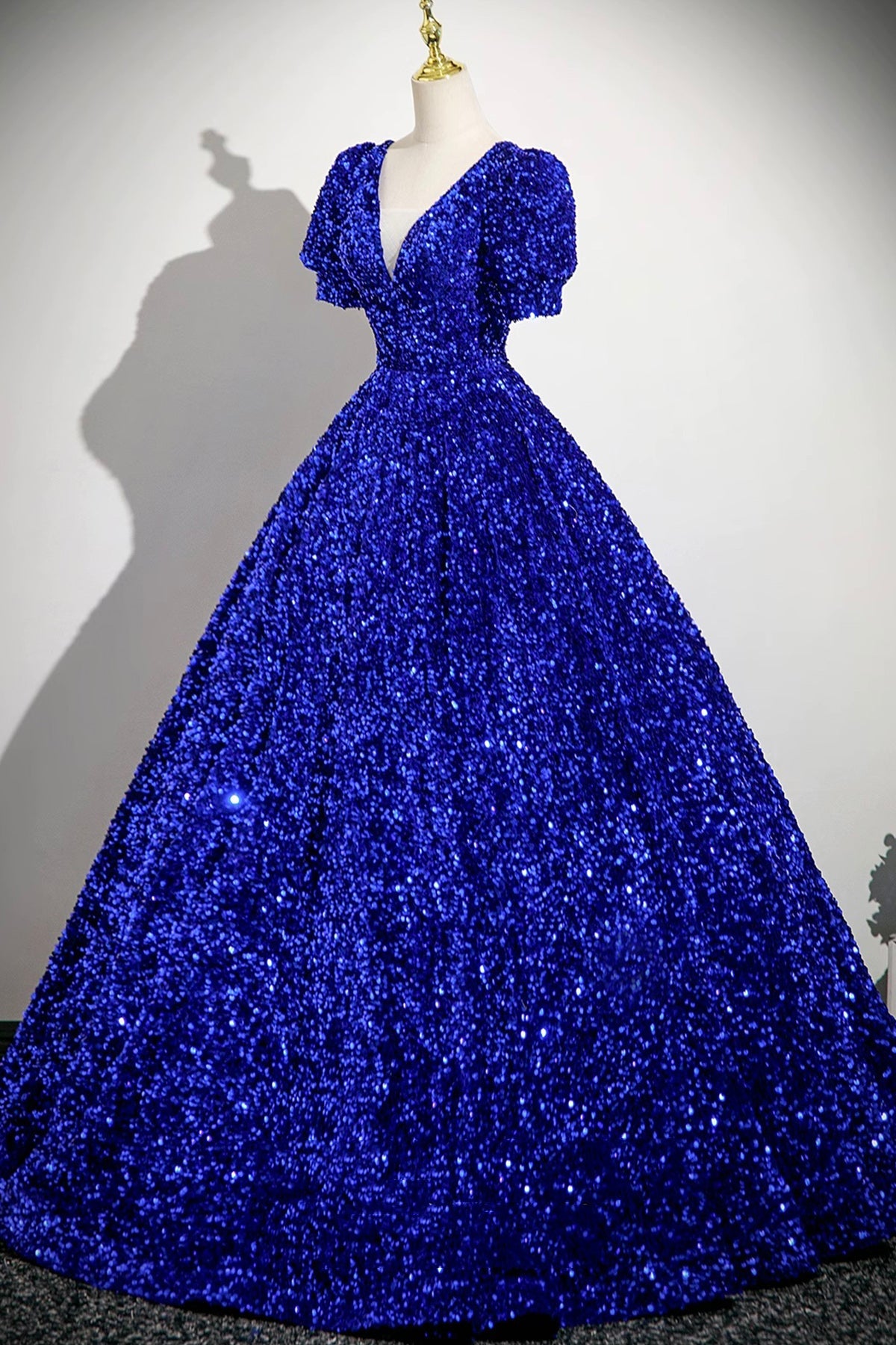 Blue V-Neck Sequins Long Prom Dress, Blue A-Line Short Sleeve Party Dress