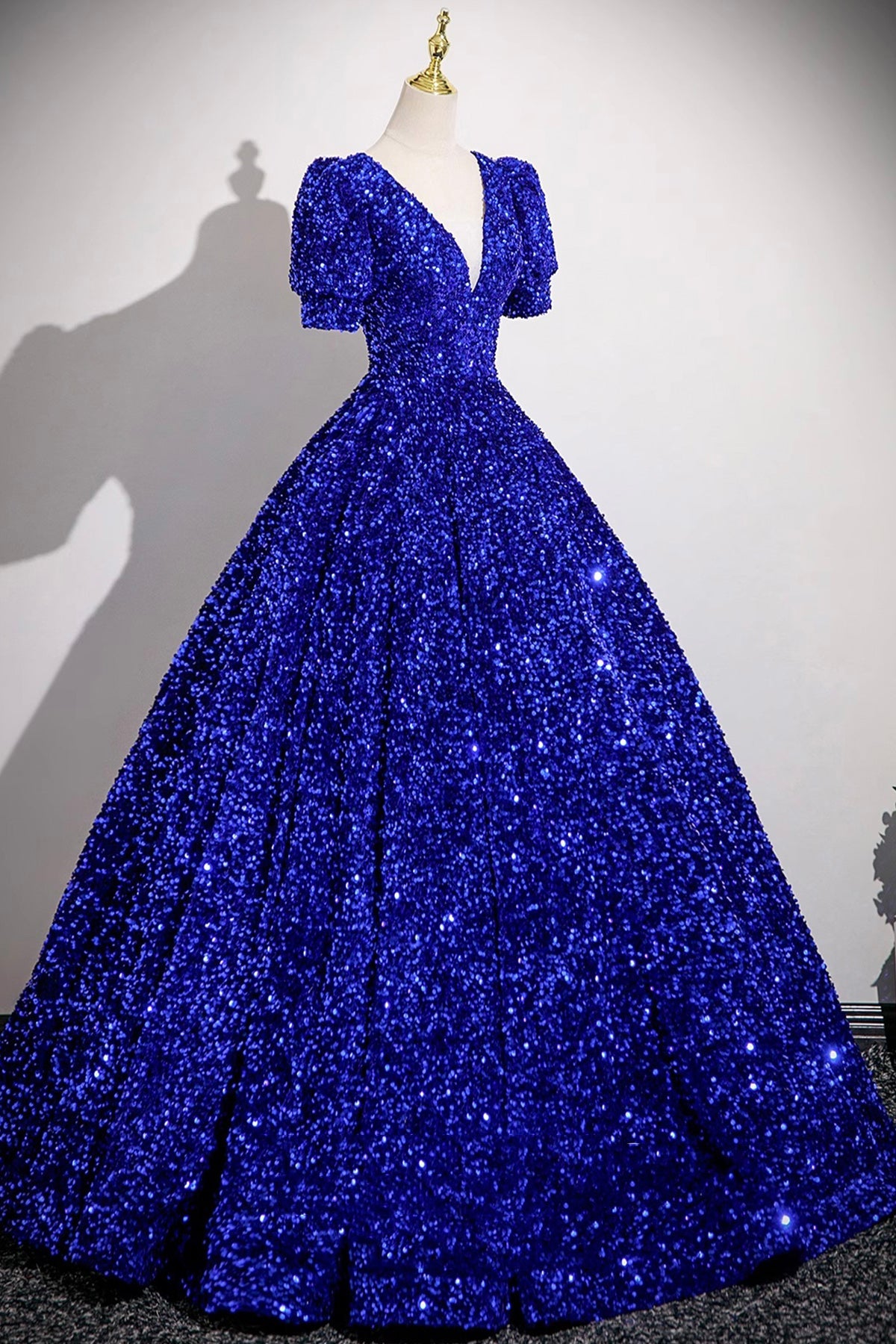 Blue V-Neck Sequins Long Prom Dress, Blue A-Line Short Sleeve Party Dress