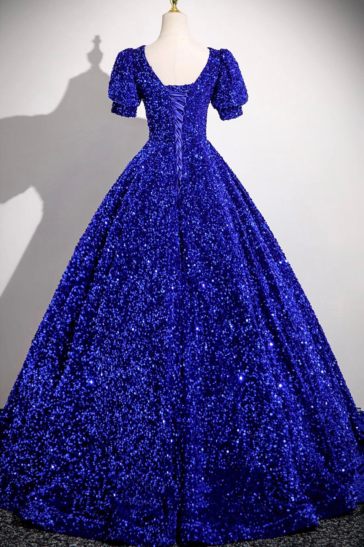 Blue V-Neck Sequins Long Prom Dress, Blue A-Line Short Sleeve Party Dress
