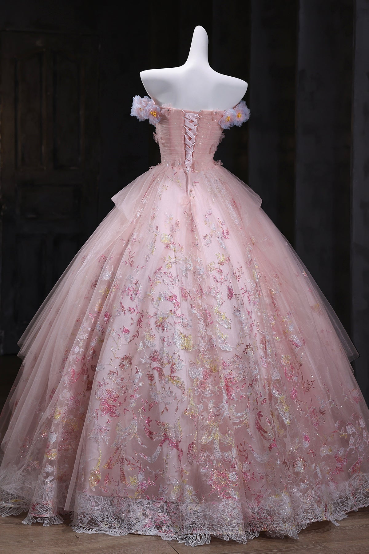 Pink Floral Tulle Long Prom Dress, Pink A-Line Evening Party Dress