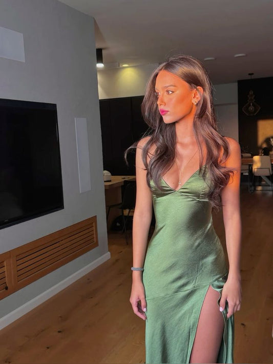 Spaghetti Straps Green Fitted Prom Outfits Gala Dress Formal