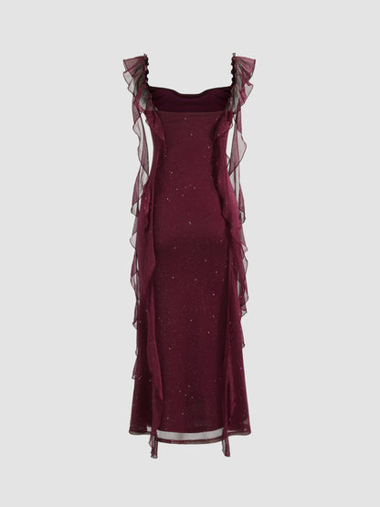 Cowl Neck Sequin Ruffle Maxi Dress Navy Blue Evening Dress      cg25206