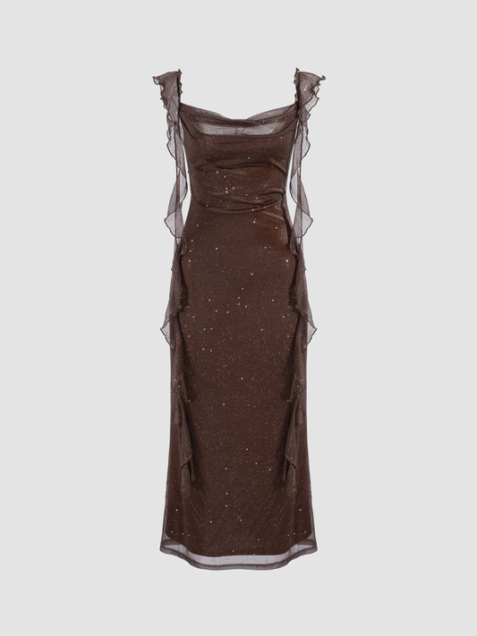 Cowl Neck Sequin Ruffle Maxi Dress Navy Blue Evening Dress      cg25206