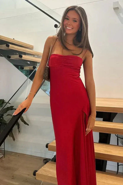 Vestido de fiesta largo de satén vintage con tirantes finos, corte sirena y abertura alta, TP4400