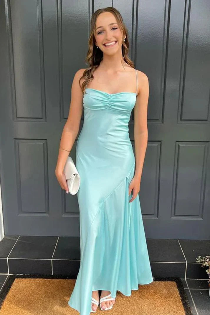 Vestido de fiesta largo de satén vintage con tirantes finos, corte sirena y abertura alta, TP4400