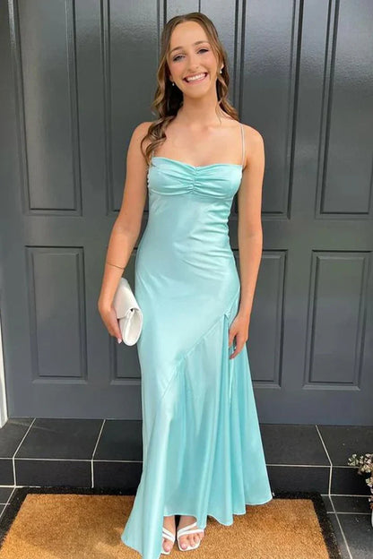 Vestido de fiesta largo de satén vintage con tirantes finos, corte sirena y abertura alta, TP4400