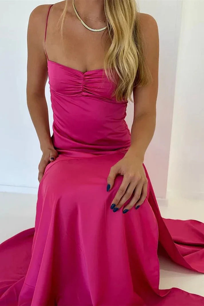Vestido de fiesta largo de satén vintage con tirantes finos, corte sirena y abertura alta, TP4400