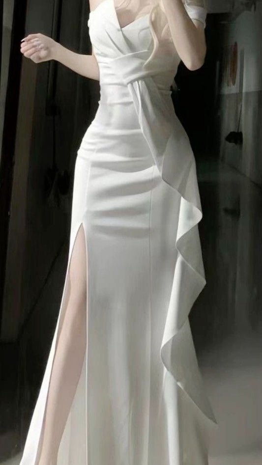 White Off Shoulder Long Prom Gown Evening Dress    fg7392