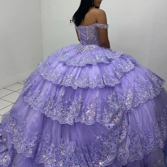 Lavender Off Shoulder Ball Gown Quinceanera Dress with Classic Applique Lace and Crystal Sweet 16 Design     cg25186