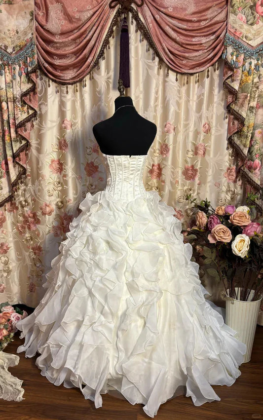 Ivory Fashion Elegant A-line Long Tulle Ruffle Ball Gown Evening Dress Wedding Dress gh3551