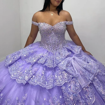 Lavender Off Shoulder Ball Gown Quinceanera Dress with Classic Applique Lace and Crystal Sweet 16 Design     cg25186