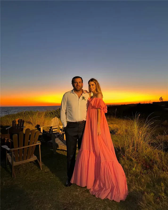 Vestido de fiesta vintage rosa con hombros descubiertos, largo plisado, vestido formal de noche TP4574