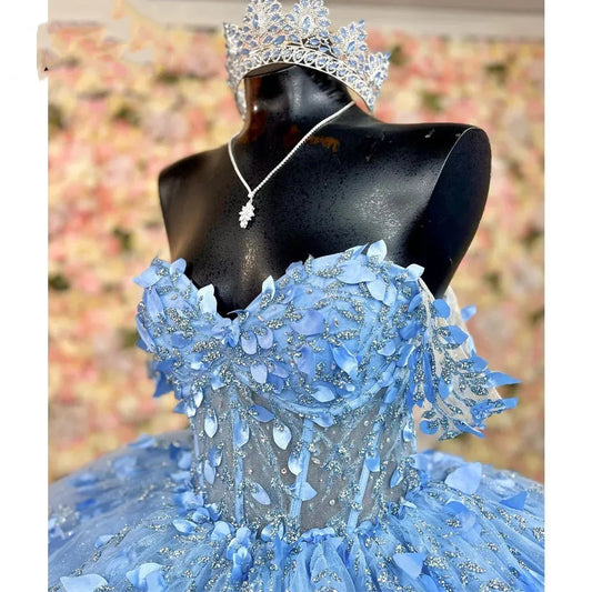 Elegante vestido de quinceañera con apliques de cuentas azules y hombros descubiertos, corte A, para fiesta de cumpleaños, noche, baile, TP4525