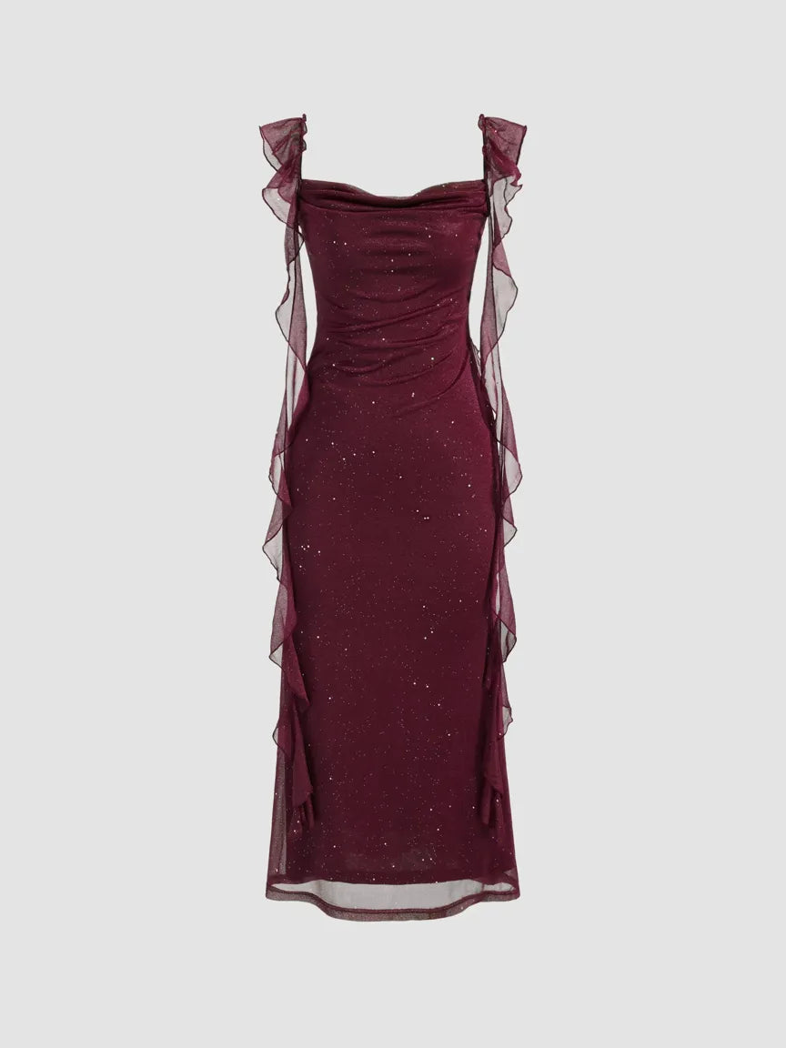 Cowl Neck Sequin Ruffle Maxi Dress Navy Blue Evening Dress      cg25206