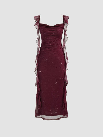 Cowl Neck Sequin Ruffle Maxi Dress Navy Blue Evening Dress      cg25206