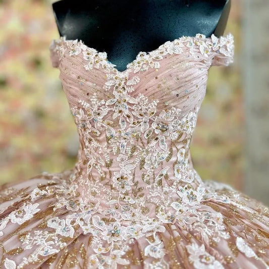 Elegante vestido de quinceañera rosa con apliques de corazón y lentejuelas, corte en A, de tul hasta el suelo, para fiesta de graduación, cumpleaños, noche, baile, TP4403