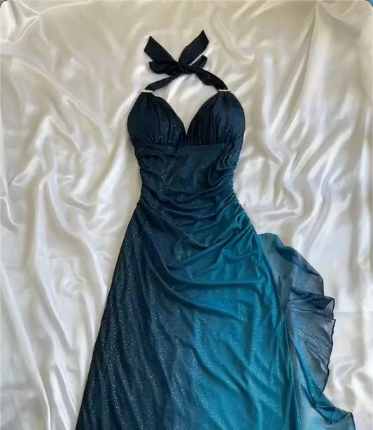 Hermoso vestido de fiesta largo con escote halter, escote corazón y cuentas brillantes, vestido de noche TP4402