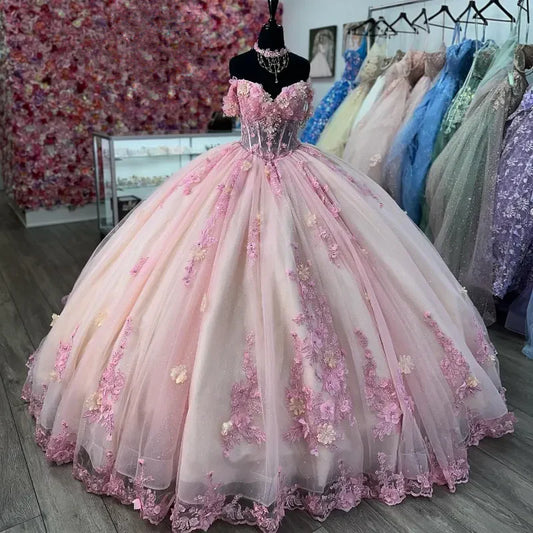 Hermoso vestido de quinceañera rosa con apliques de corazón y cuentas, corte A, de tul hasta el suelo, para fiesta de graduación, cumpleaños, noche, baile, TP4407