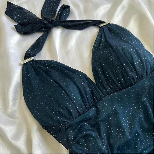 Hermoso vestido de fiesta largo con escote halter, escote corazón y cuentas brillantes, vestido de noche TP4402
