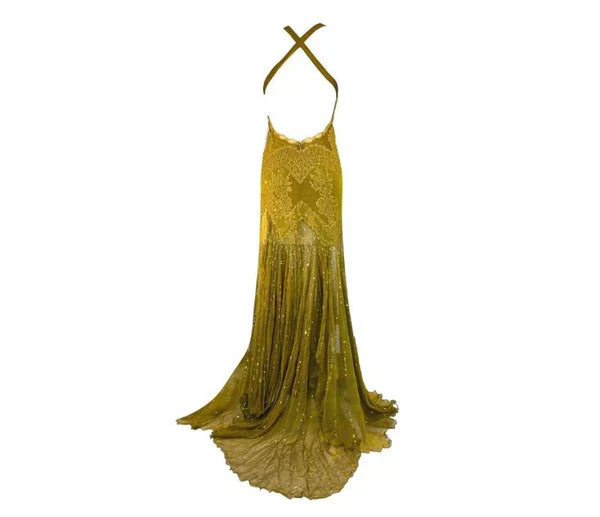 Green retro fashion elegant exquisite lace suspender sleeveless mermaid long chiffon elegant ball gown evening dress party dress gh3483