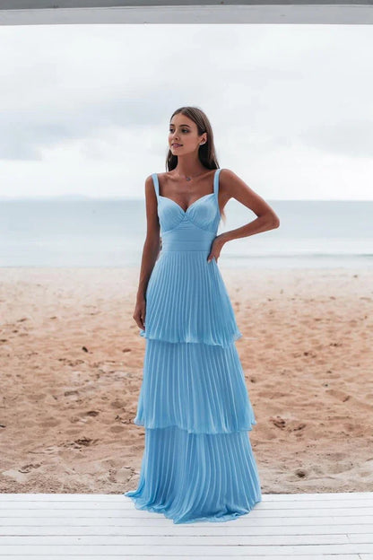 Vestido de fiesta largo azul vintage con escote en forma de A, plisado, con capas, TP4401