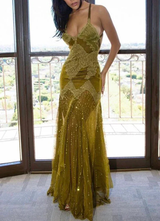 Green retro fashion elegant exquisite lace suspender sleeveless mermaid long chiffon elegant ball gown evening dress party dress gh3483