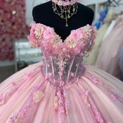 Hermoso vestido de quinceañera rosa con apliques de corazón y cuentas, corte A, de tul hasta el suelo, para fiesta de graduación, cumpleaños, noche, baile, TP4407
