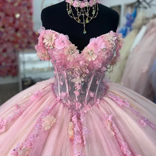 Hermoso vestido de quinceañera rosa con apliques de corazón y cuentas, corte A, de tul hasta el suelo, para fiesta de graduación, cumpleaños, noche, baile, TP4407