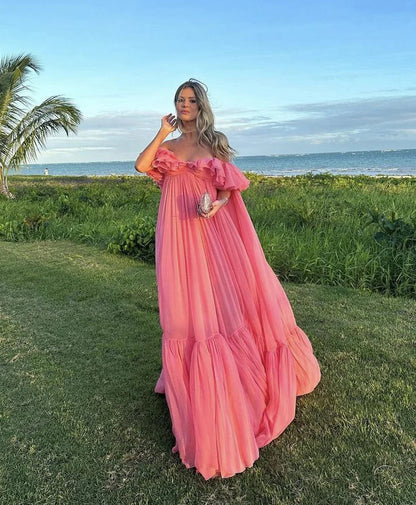 Vestido de fiesta vintage rosa con hombros descubiertos, largo plisado, vestido formal de noche TP4574