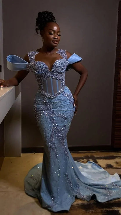 Hermoso vestido de fiesta azul cielo con cuentas, largo escote corazón, vestido de noche formal estilo sirena TP4581
