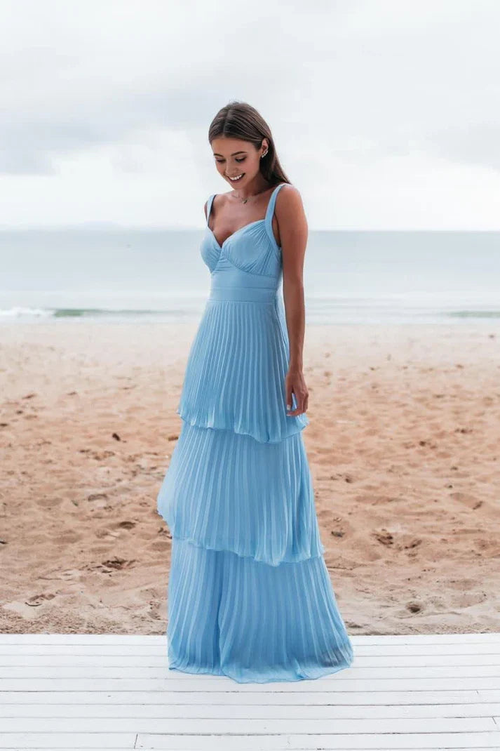 Vestido de fiesta largo azul vintage con escote en forma de A, plisado, con capas, TP4401
