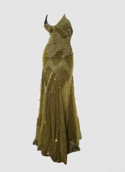 Green retro fashion elegant exquisite lace suspender sleeveless mermaid long chiffon elegant ball gown evening dress party dress gh3483