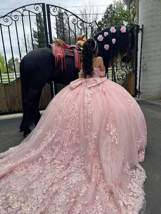 Elegante vestido de quinceañera rosa con apliques de corazón y hombros descubiertos, corte A de tul hasta el suelo, para fiesta de graduación, cumpleaños, noche, baile, TP4544