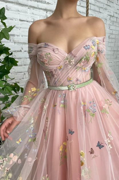 Pink Tulle Lace Short Prom Dress, Long Sleeve Evening Graduation Dress