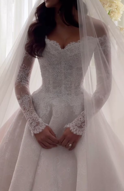 off the shoulder sweetheart lace long sleeves long wedding dress lace bridal gown     cg25379