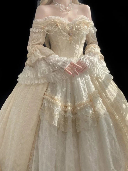 Gorgeous Ivory Sweetheart Lace Off-the-shoulder Long-sleeve A-Line Wedding Dress Ball Gown Prom Dress Evening Dress TP4593