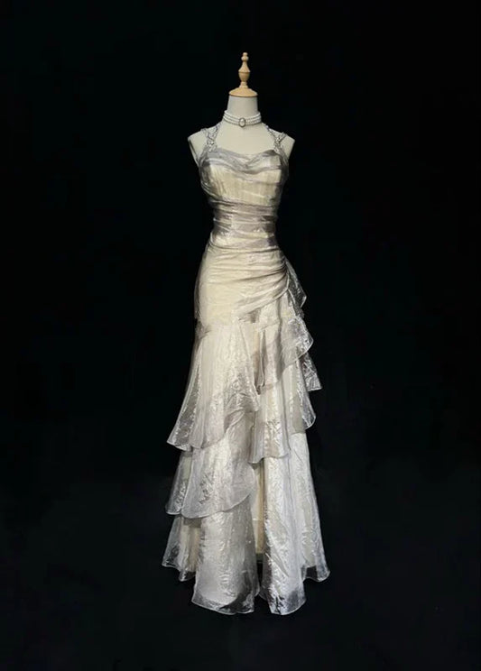Vintage Silvery A-Line Prom Dress Long Ruffle Evening Dress Spaghetti Strap Tiered Formal Dress TP4584