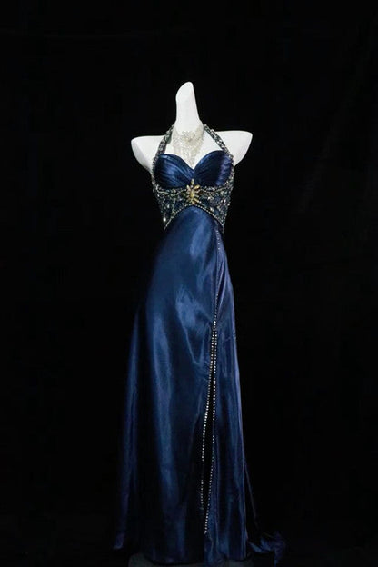 Navy Blue Halter Beaded Prom Dress Long Evening Dress      cg25264