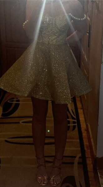 Vestido de fiesta color champán con lentejuelas brillantes y tirantes de perlas, corte A, corto, para cóctel, TP4564