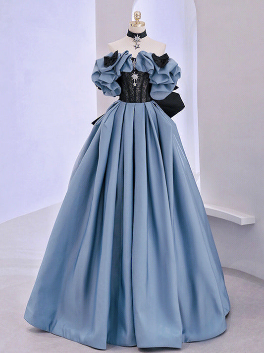 Vestido de fiesta largo de satén azul con encaje, único, con hombros descubiertos.