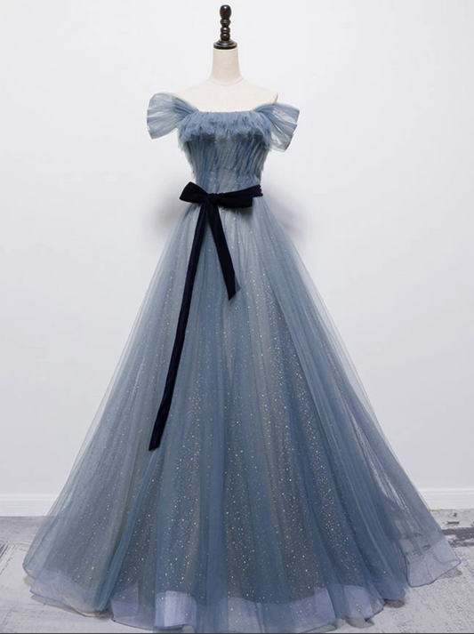 Bule tulle long A line prom dress blue evening dress  8718