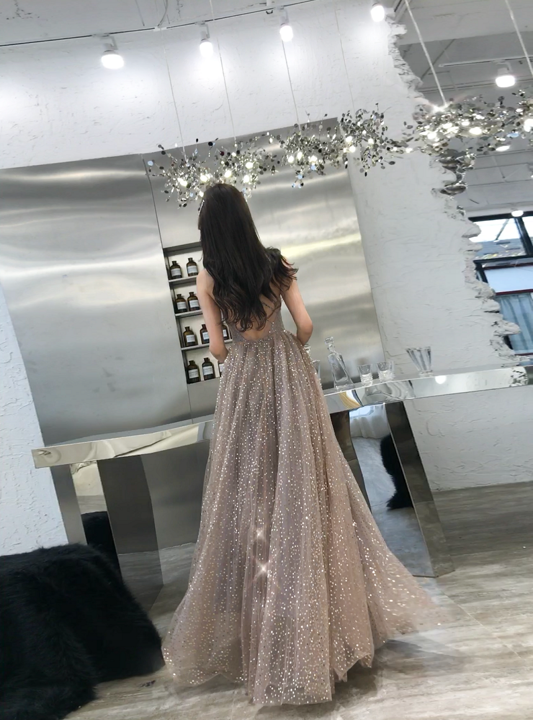 Shiny tulle sequins long prom dress evening dress  8312